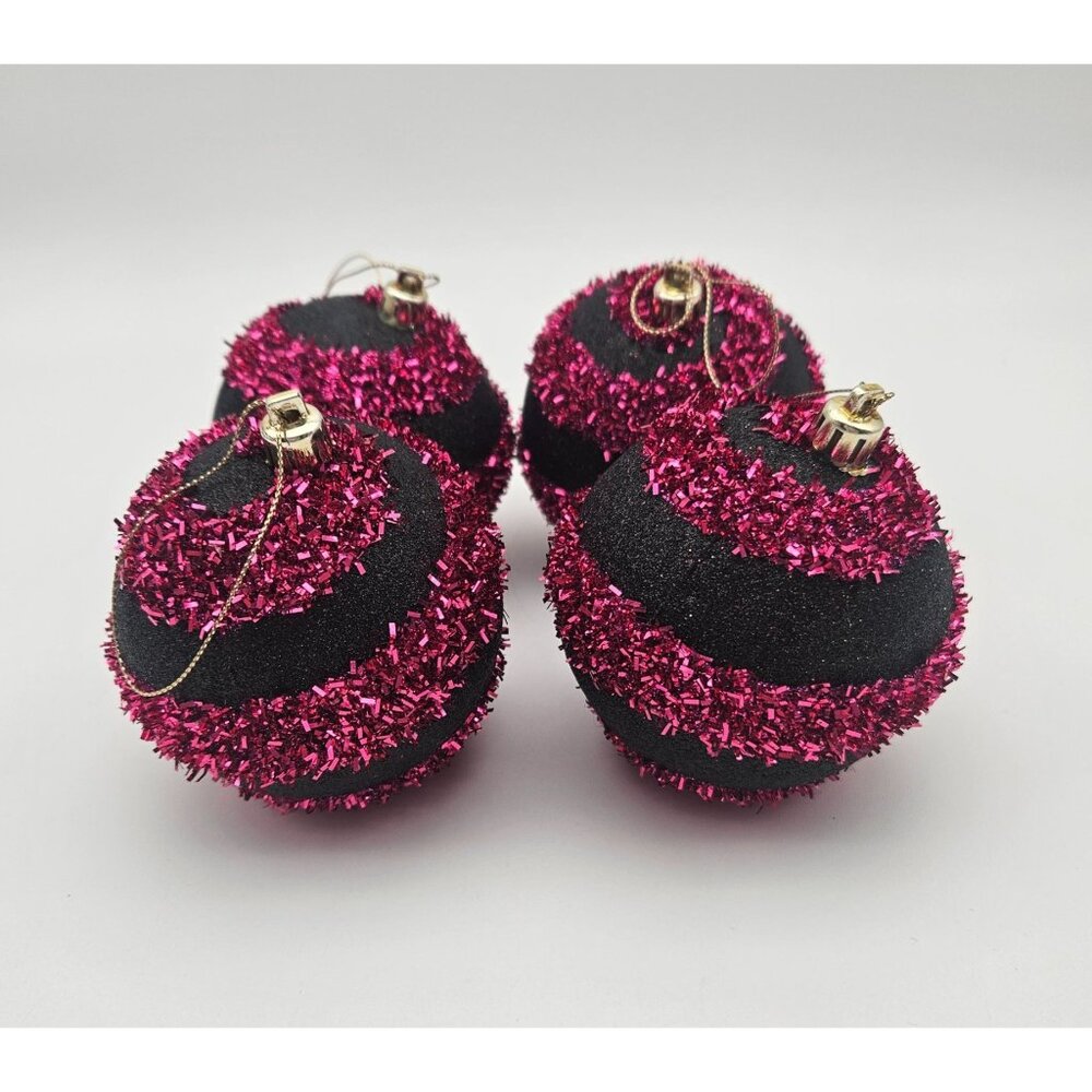 Lot of 4 Fuschia Black Stiped Glittery Ball Holiday Christmas Party Ornaments